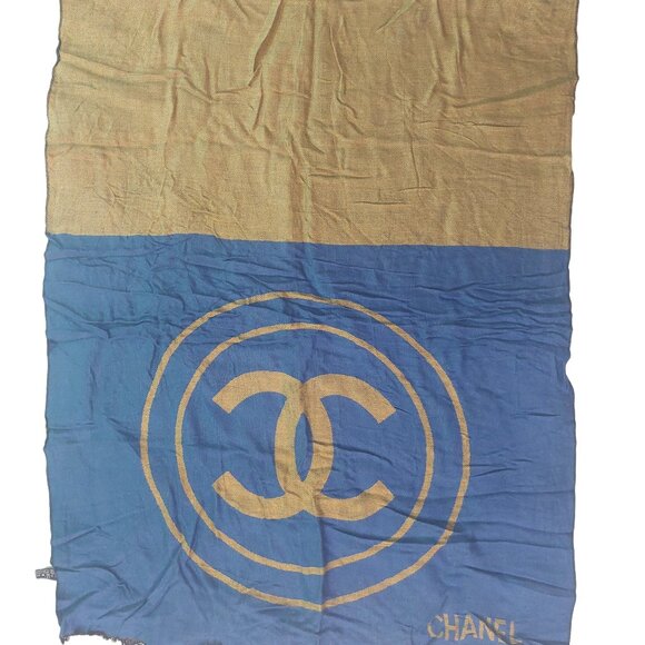 CHANEL Vintage Blue & Gold Reversible Color Block Wrap Shawl Scarf w/ CC Logo - Picture 2 of 5